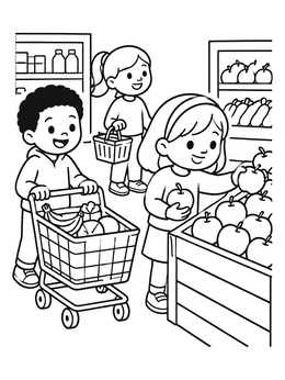 Free printable Children Shopping For Fresh Fruit coloring page