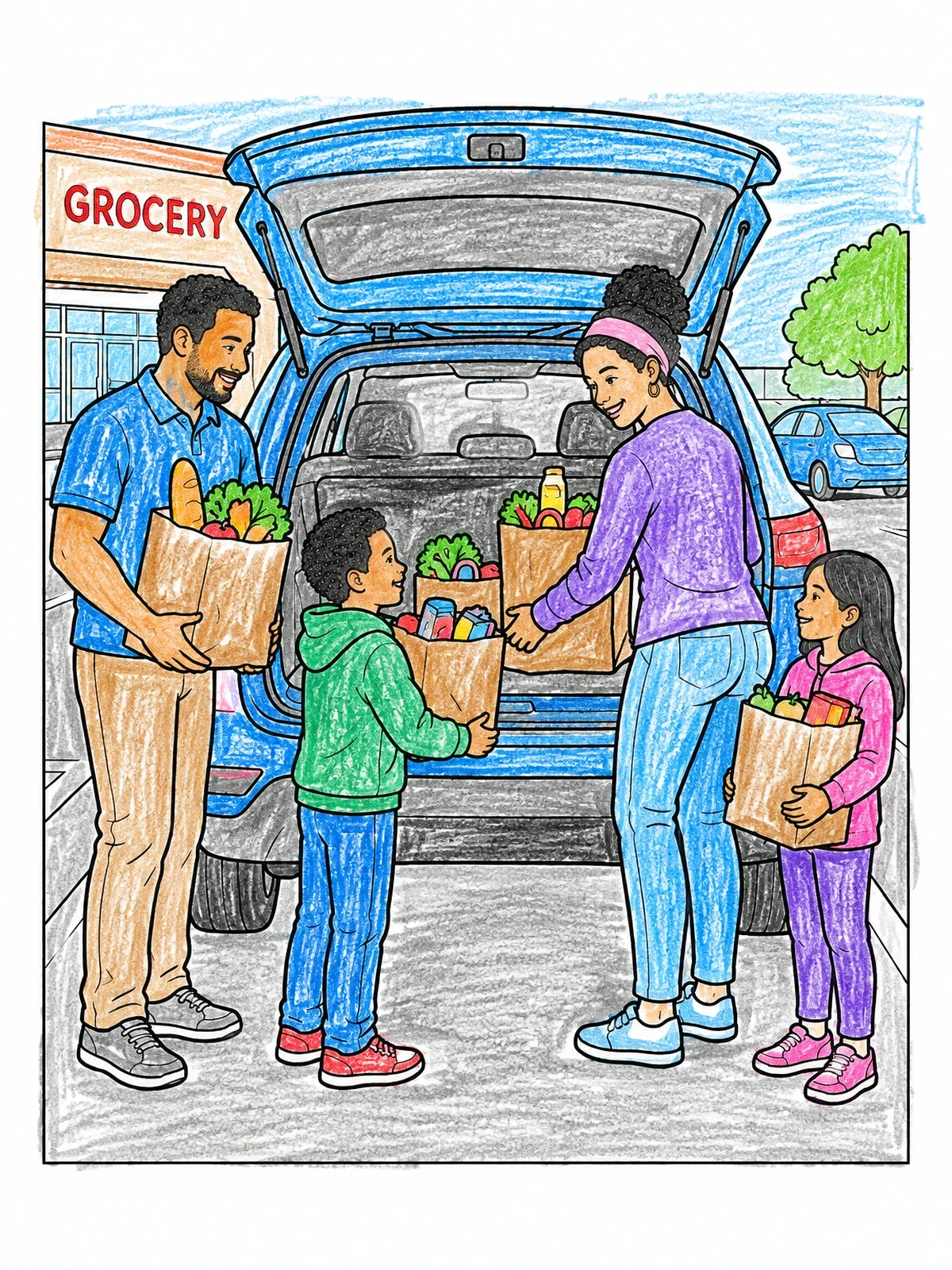 Colored example of the Family Packing Groceries Into Car Trunk coloring page