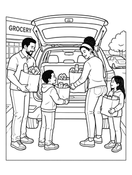 Free printable Family Packing Groceries Into Car Trunk coloring page