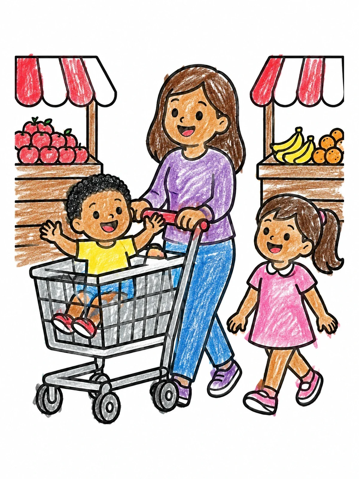 Colored example of the Family Shopping Trip At Market coloring page