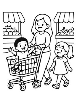 Free printable Family Shopping Trip At Market coloring page