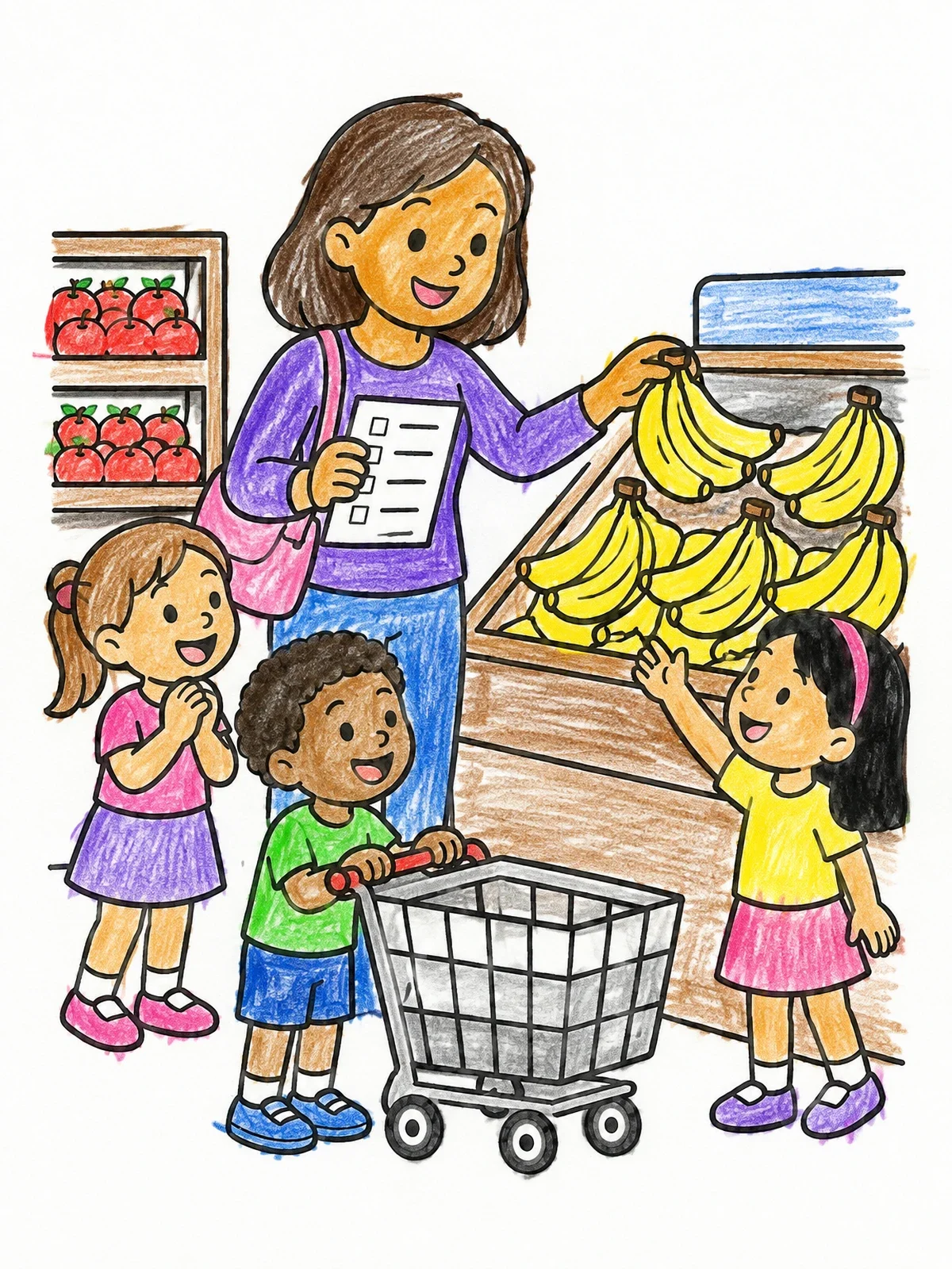 Colored example of the Family Shopping For Bananas At Supermarket coloring page