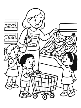 Free printable Family Shopping For Bananas At Supermarket coloring page