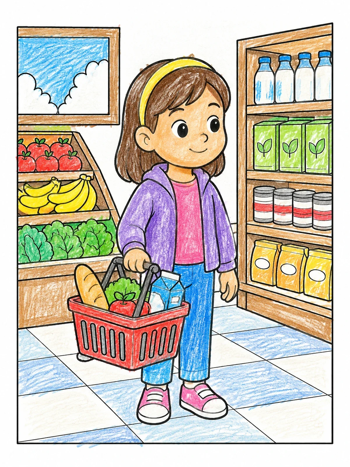Colored example of the Young Girl Shopping At The Supermarket coloring page