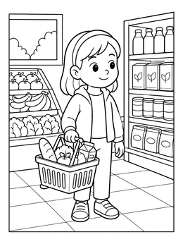 Free printable Young Girl Shopping At The Supermarket coloring page