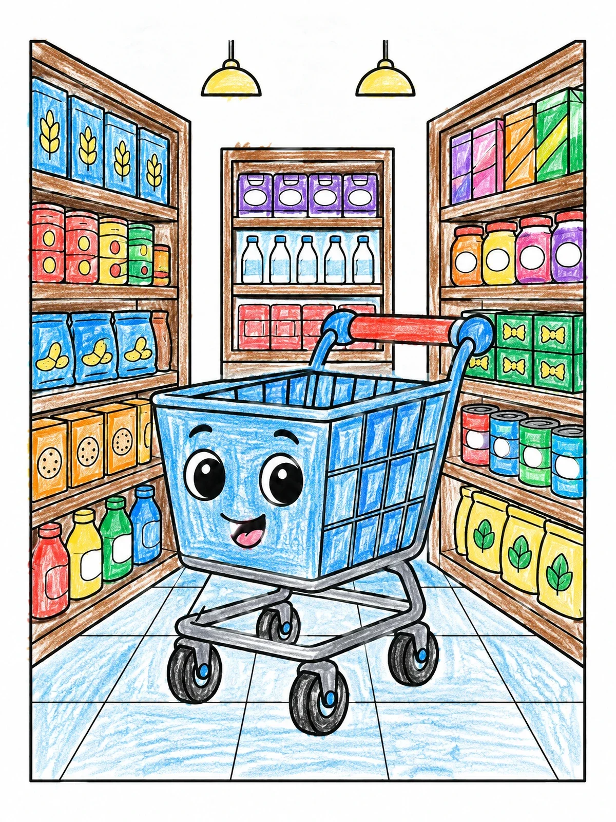 Colored example of the Happy Shopping Cart In Supermarket coloring page