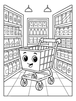 Free printable Happy Shopping Cart In Supermarket coloring page