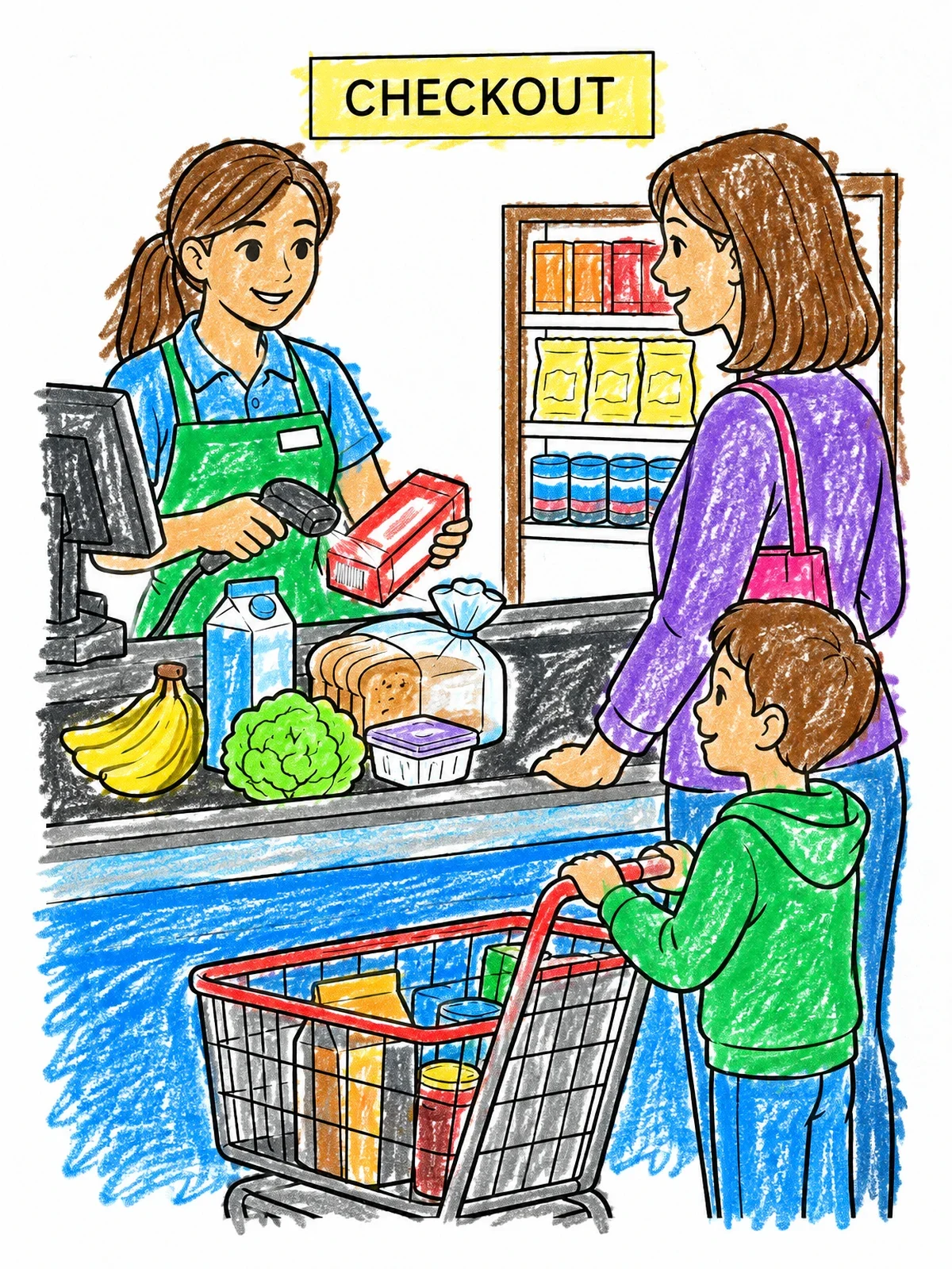 Colored example of the Supermarket Checkout With Family coloring page