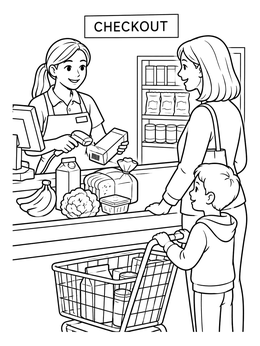 Free printable Supermarket Checkout With Family coloring page