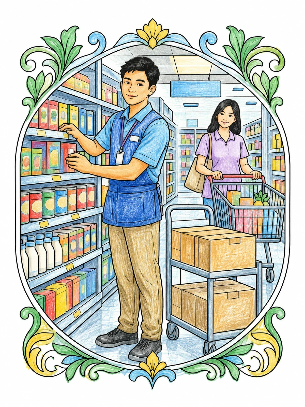 Colored example of the Supermarket Clerk Stocking Shelves coloring page