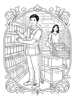 Free printable Supermarket Clerk Stocking Shelves coloring page