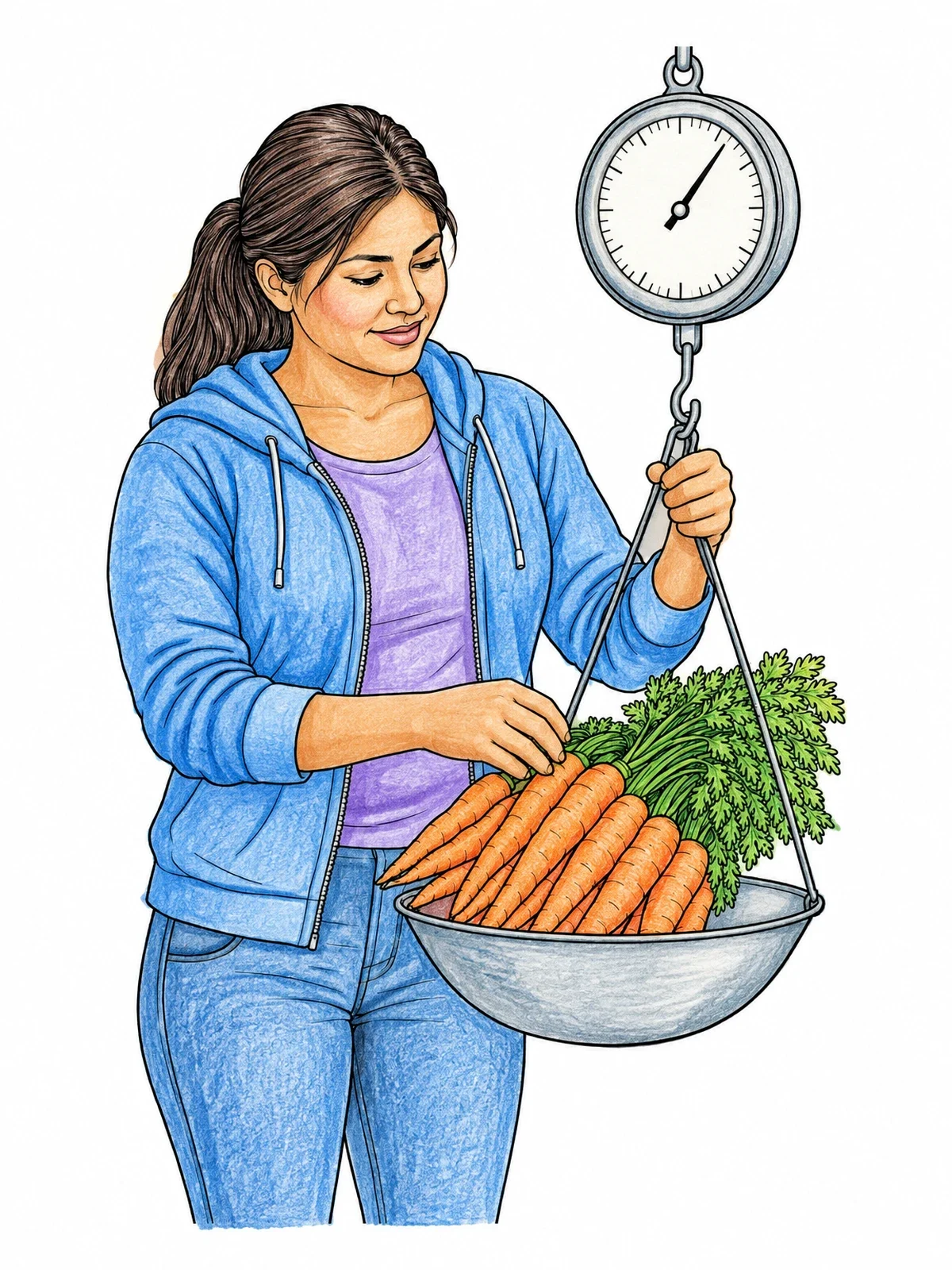 Colored example of the Weighing Fresh Carrots On Produce Scale coloring page