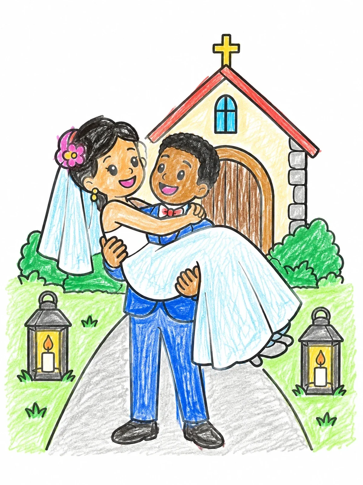 Colored example of the Happy Groom Carrying Bride By Chapel coloring page