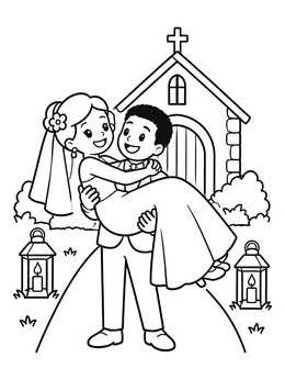 Free printable Happy Groom Carrying Bride By Chapel coloring page