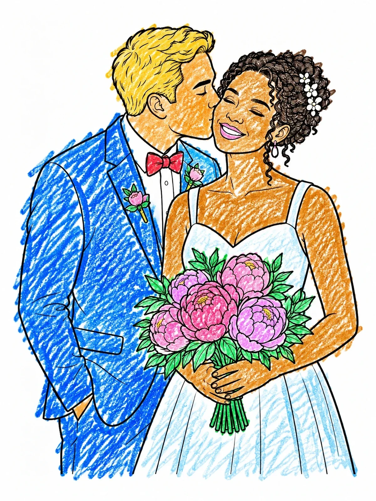 Colored example of the Groom Kissing Bride With Peony Bouquet coloring page