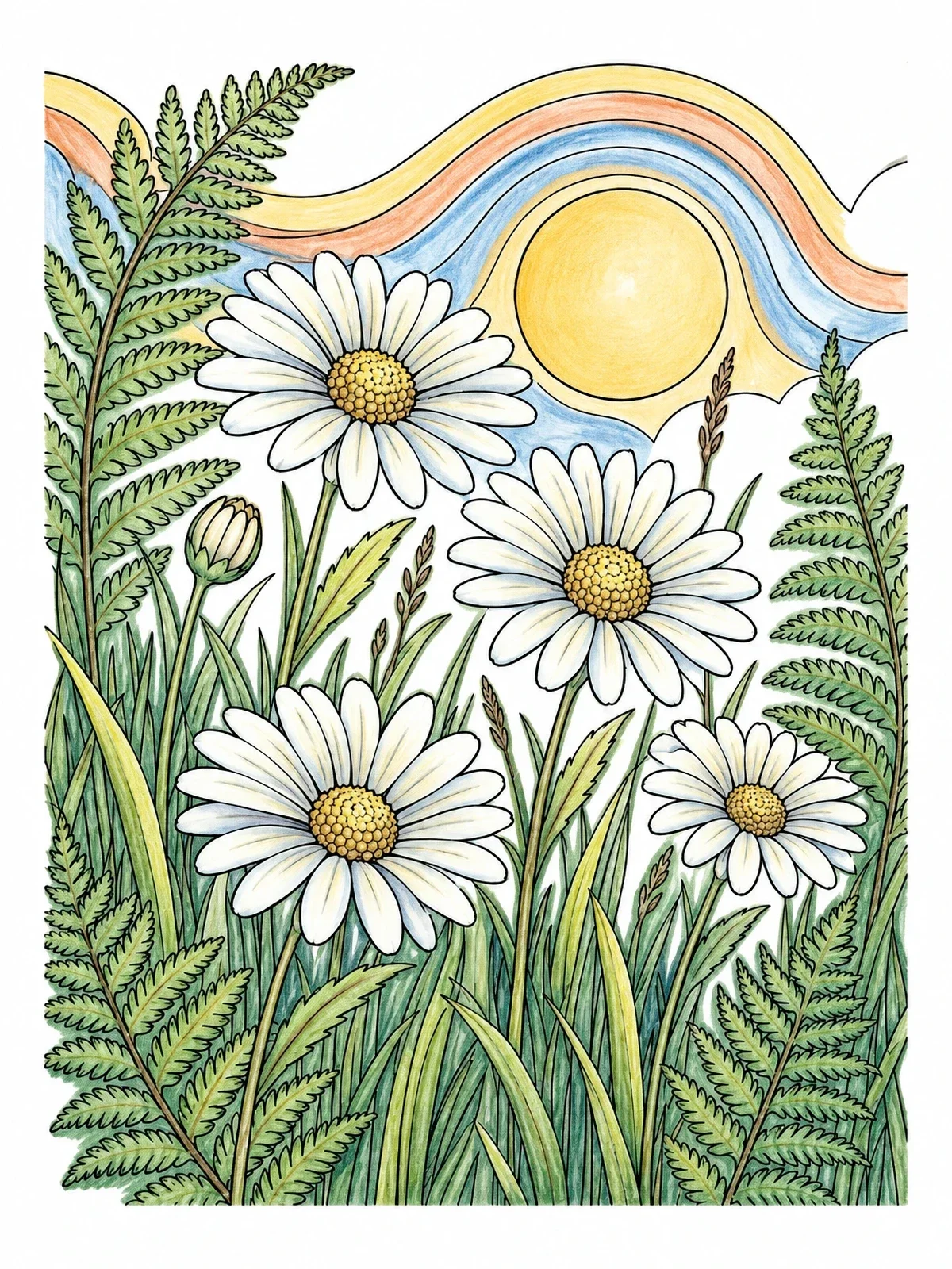 Colored example of the Blooming Daisies And Wild Ferns coloring page