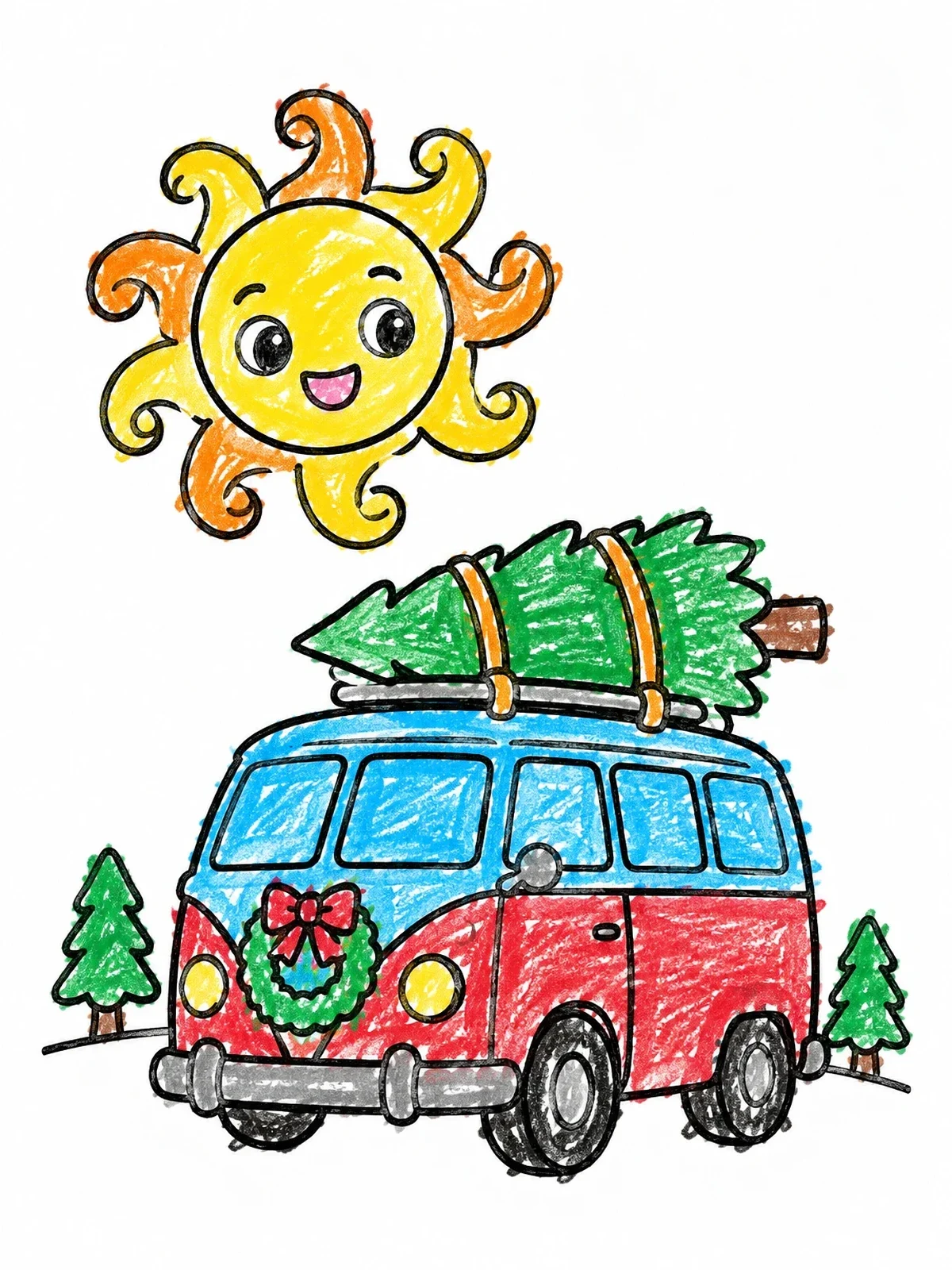 Colored example of the Retro Camper Van With Holiday Pine coloring page