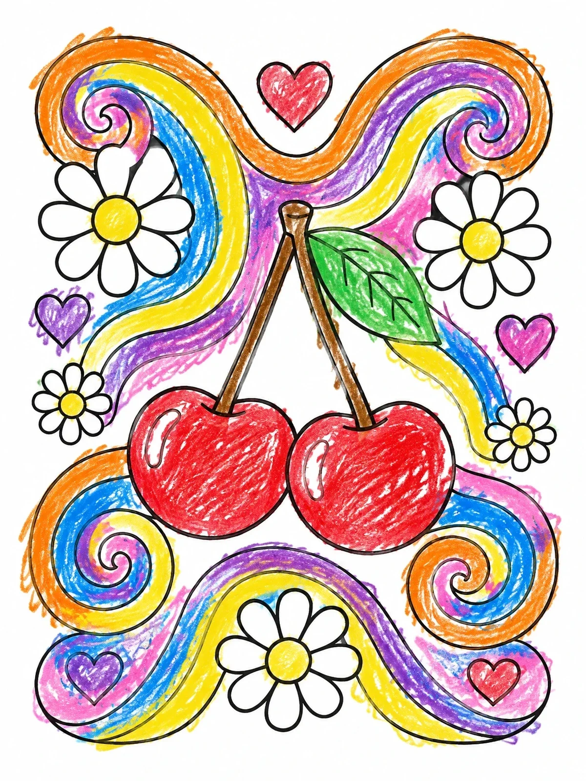 Colored example of the Groovy Cherries And Retro Swirls coloring page