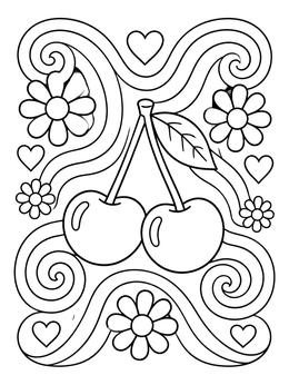 Free printable Groovy Cherries And Retro Swirls coloring page