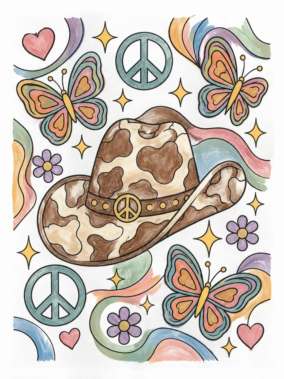 Colored example of the Groovy Cow Print Cowboy Hat coloring page