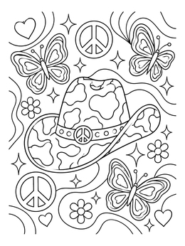 A retro groovy cowboy hat coloring page featuring cow print, peace signs, and butterflies.