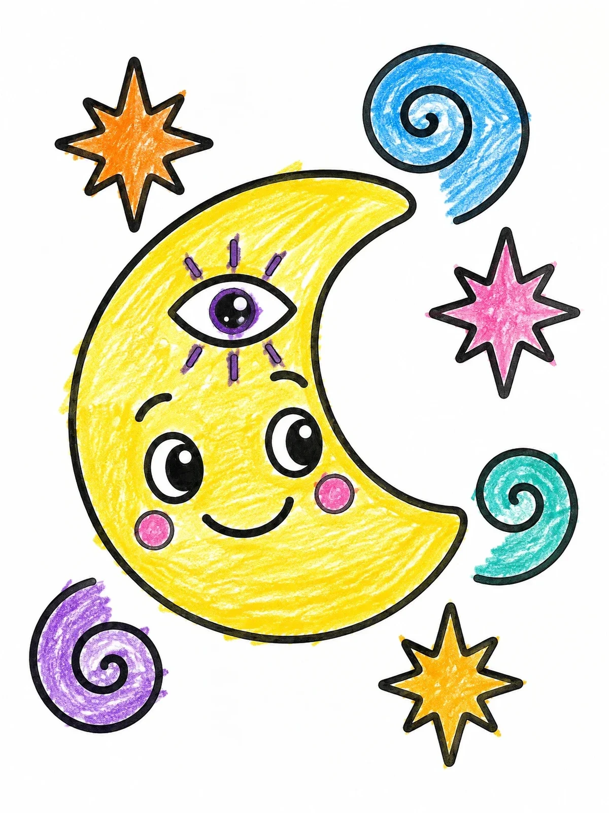 Colored example of the Groovy Crescent Moon With Third Eye coloring page