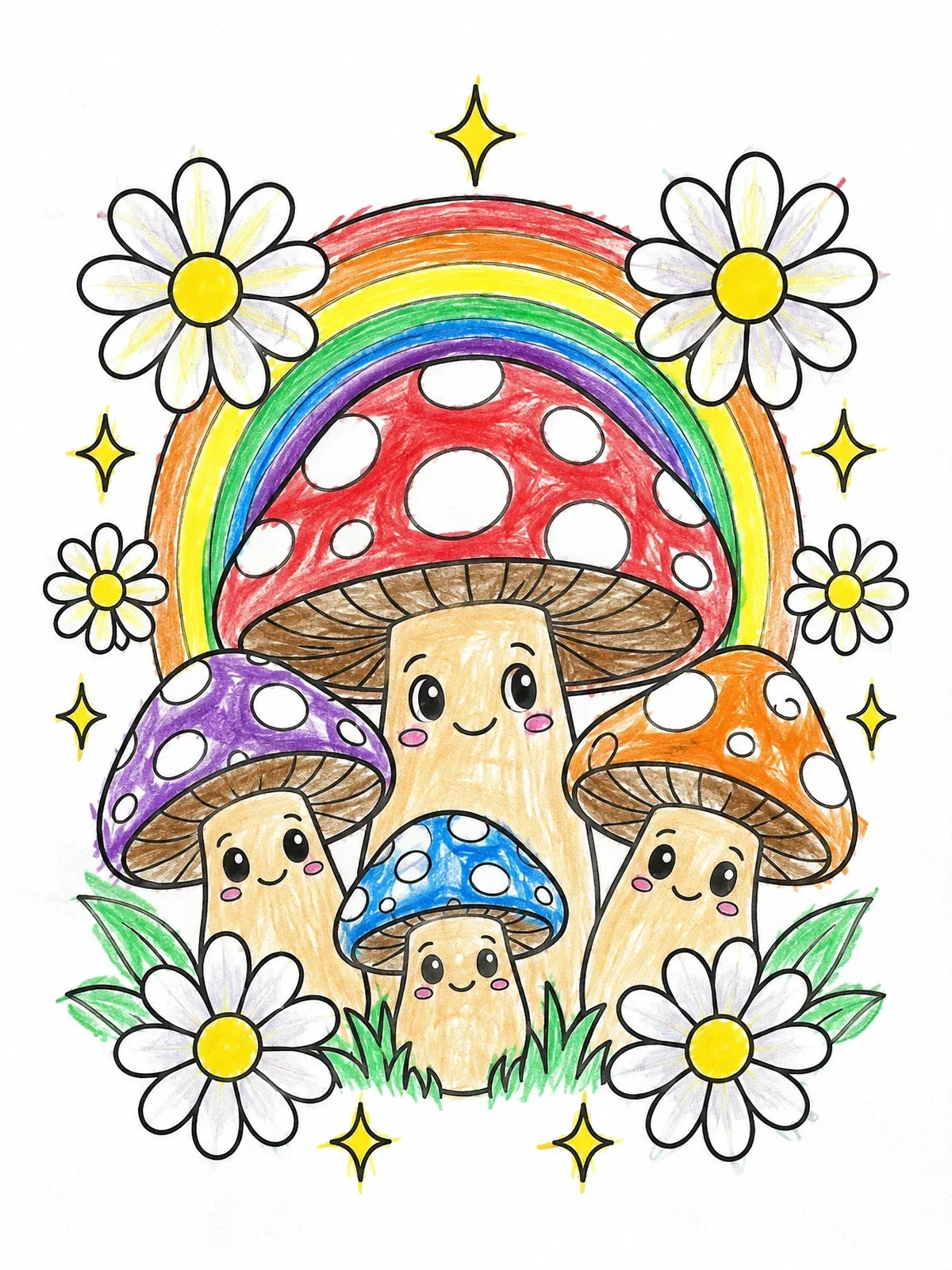 Colored example of the Cute Groovy Mushroom Family And Rainbow coloring page