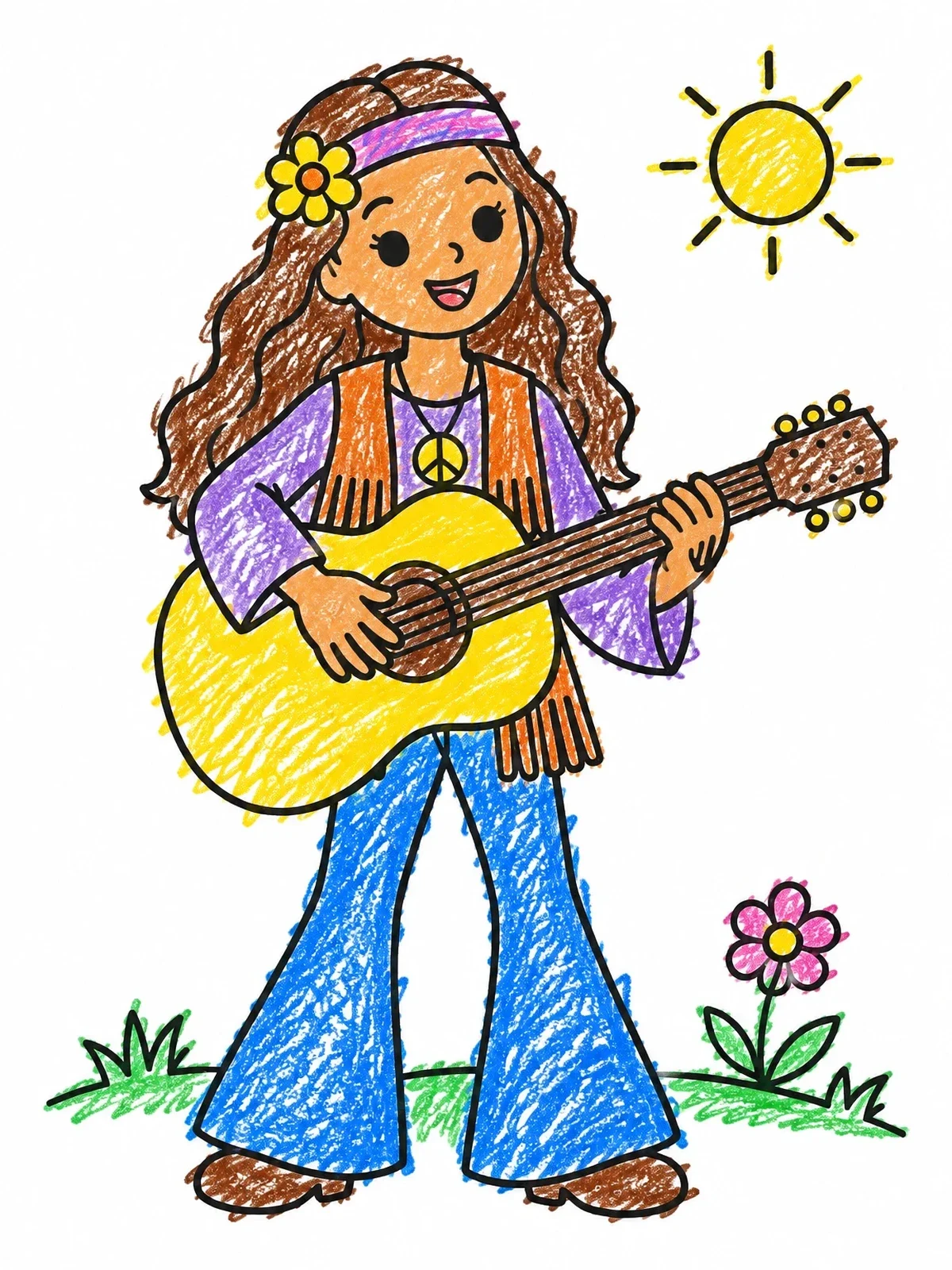 Colored example of the Groovy Girl Playing Acoustic Guitar coloring page