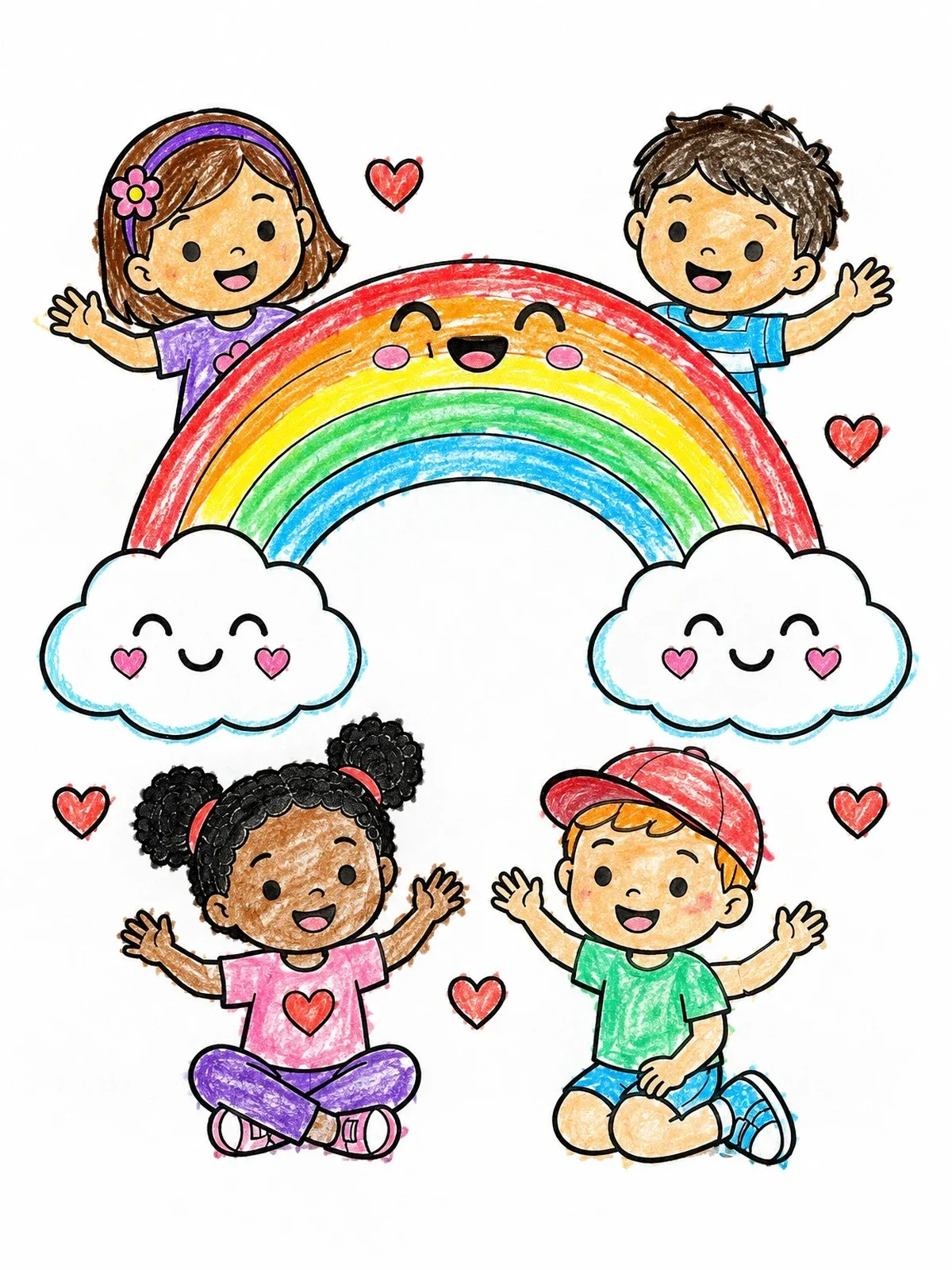 Colored example of the Happy Children And Smiling Rainbow coloring page