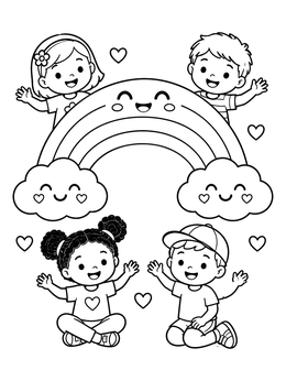 Free printable Happy Children And Smiling Rainbow coloring page