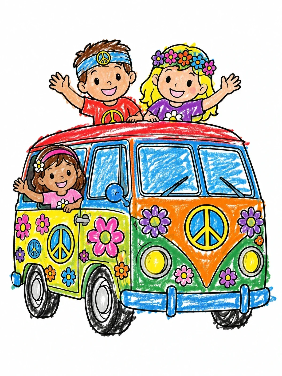 Colored example of the Happy Kids In Retro Camper Van coloring page