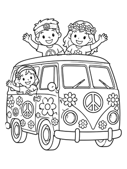 Free printable Happy Kids In Retro Camper Van coloring page