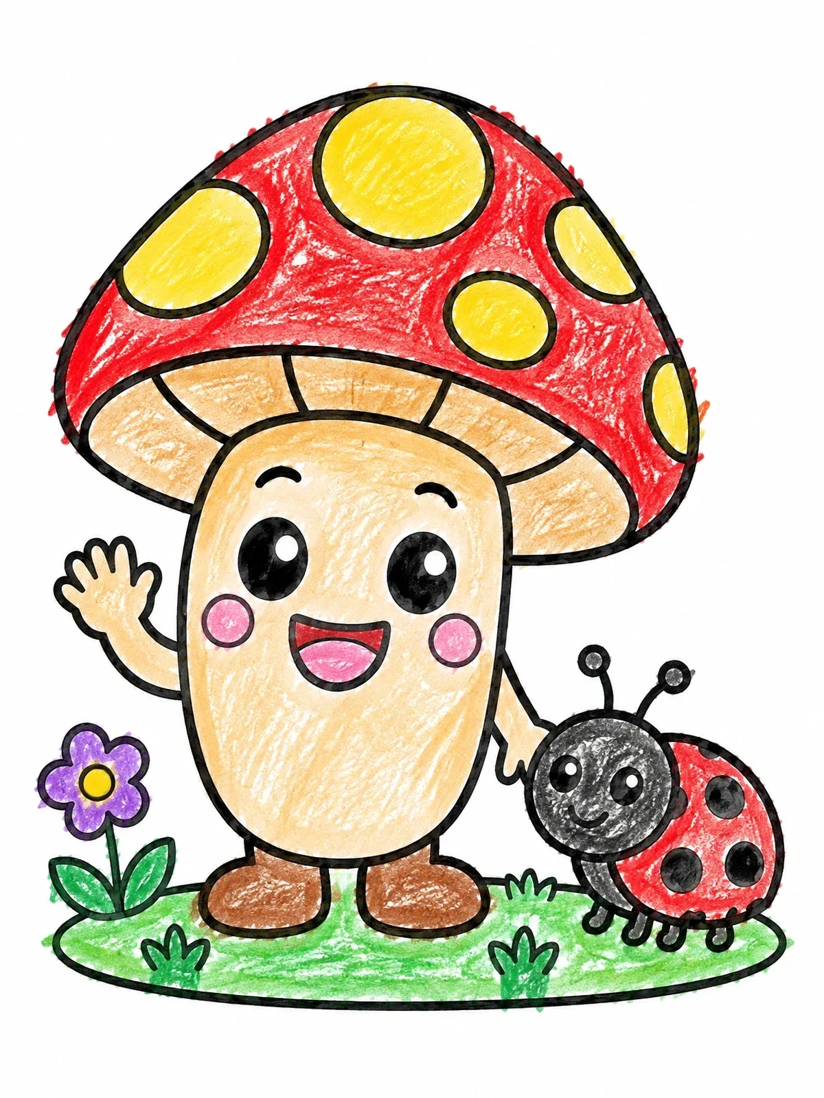 Colored example of the Happy Mushroom And Little Ladybug coloring page