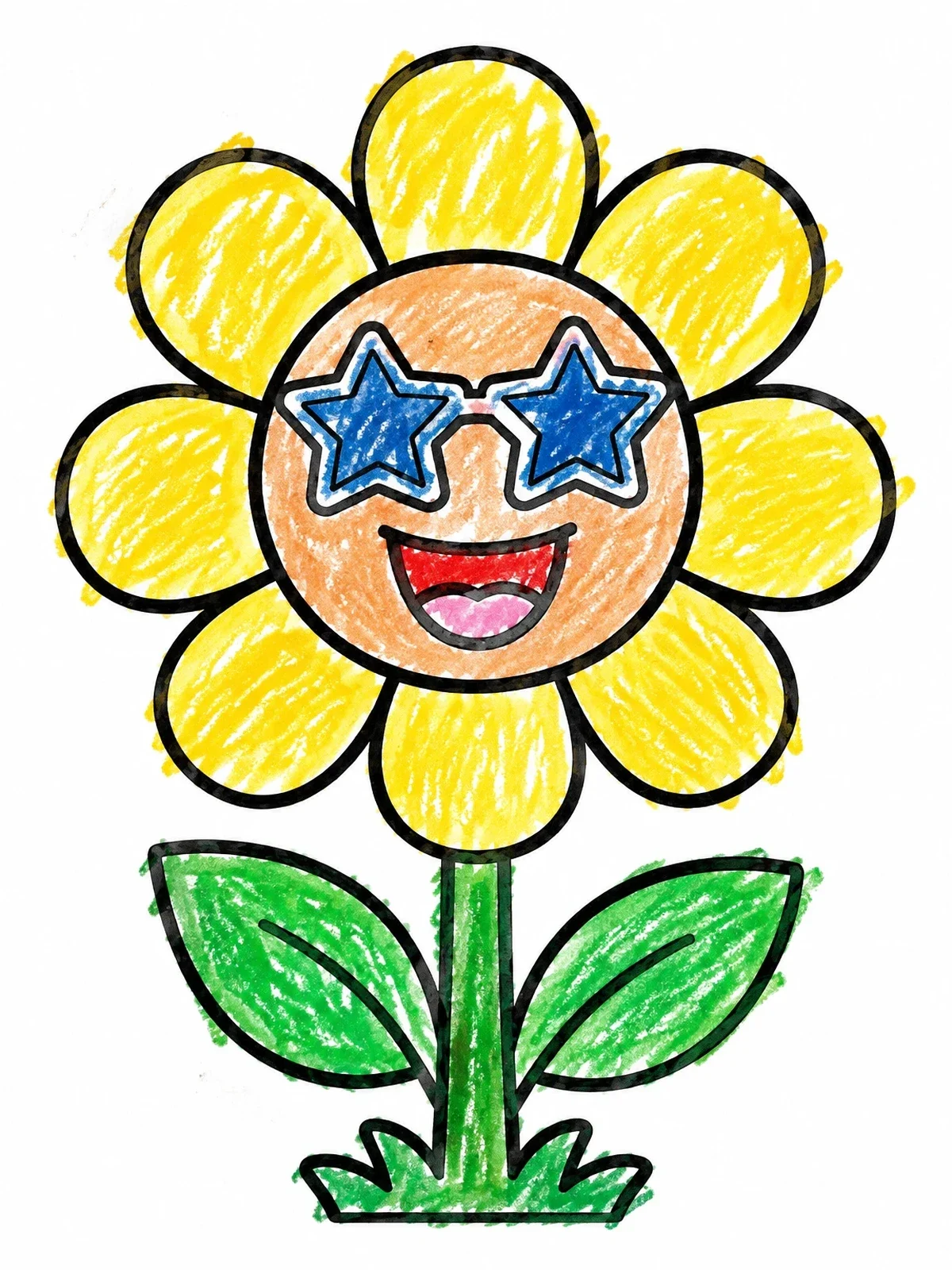 Colored example of the Happy Retro Daisy With Star Sunglasses coloring page