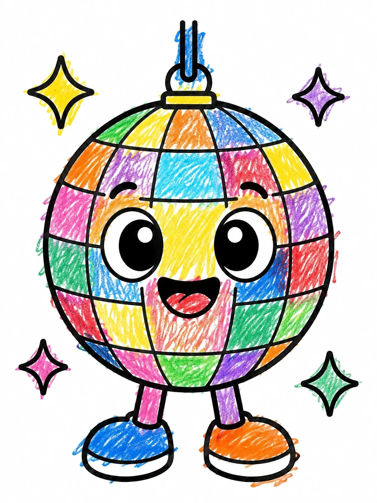 Colored example of the Happy Retro Disco Ball Character coloring page
