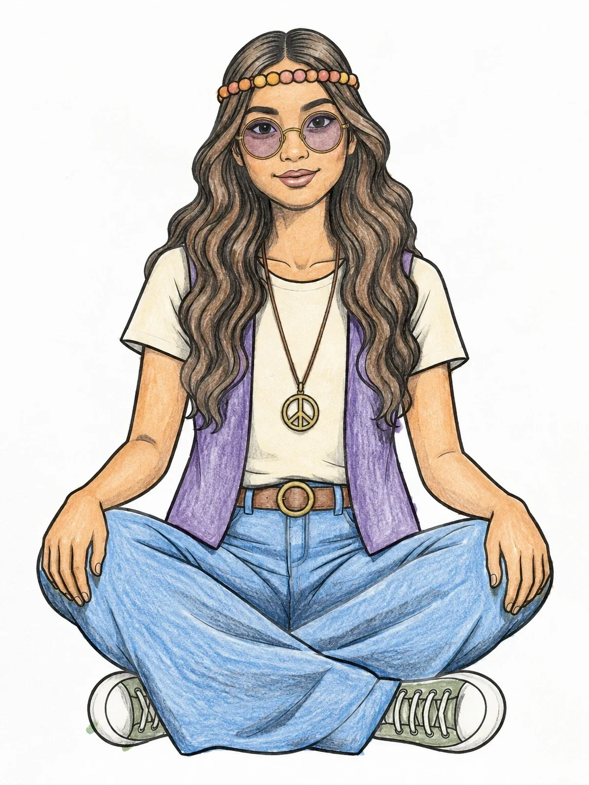 Colored example of the Groovy Hippie Girl Sitting Cross Legged coloring page