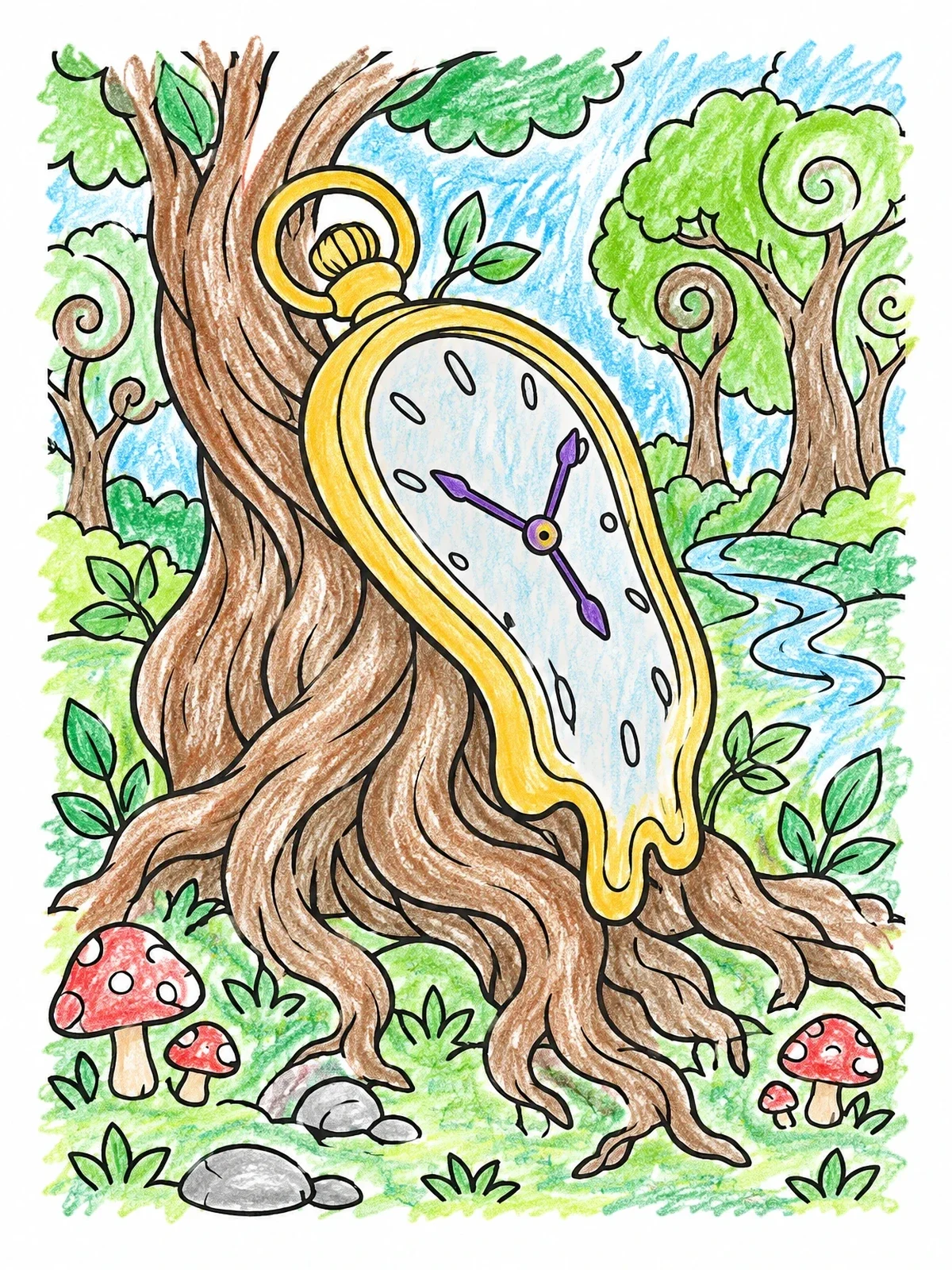 Colored example of the Melting Clock In Whimsical Forest coloring page