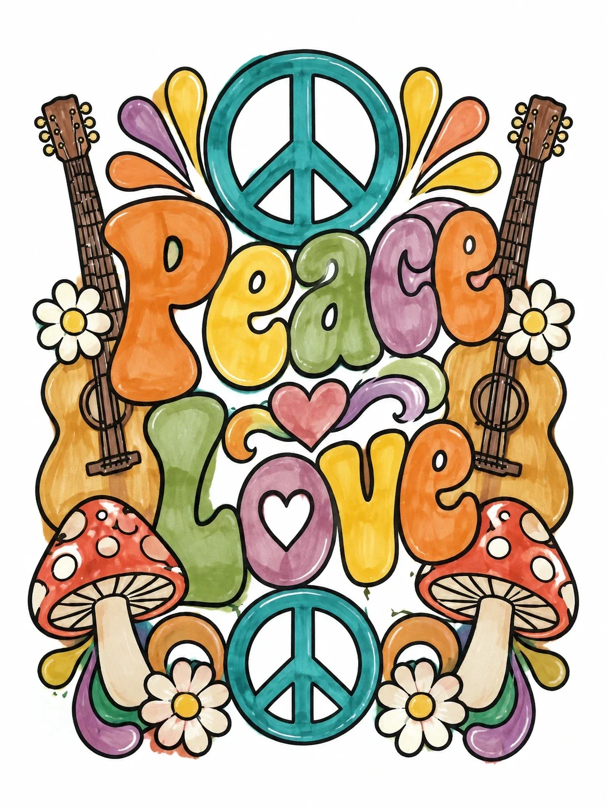 Colored example of the Groovy Peace And Love Doodles coloring page