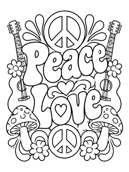 Free printable Groovy Peace And Love Doodles coloring page