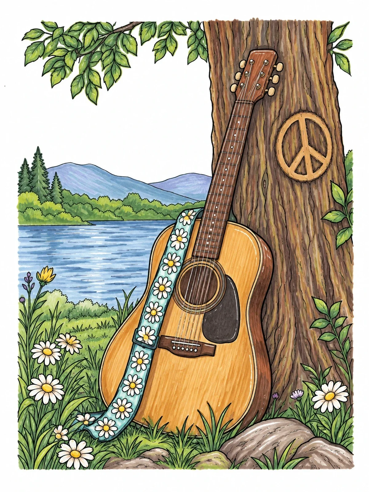Colored example of the Acoustic Guitar Leaning On Peace Tree coloring page