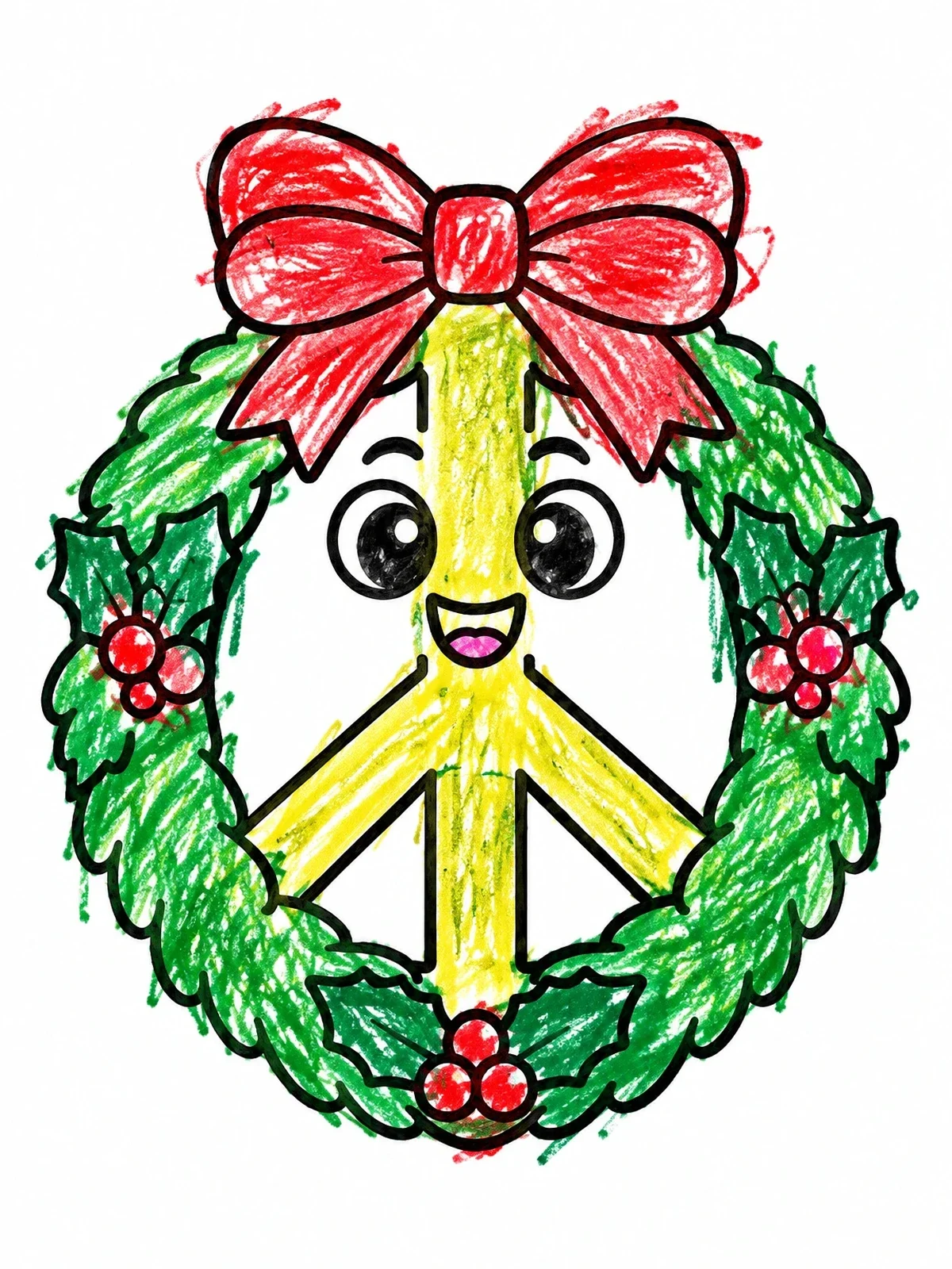 Colored example of the Cute Holiday Wreath Peace Sign coloring page