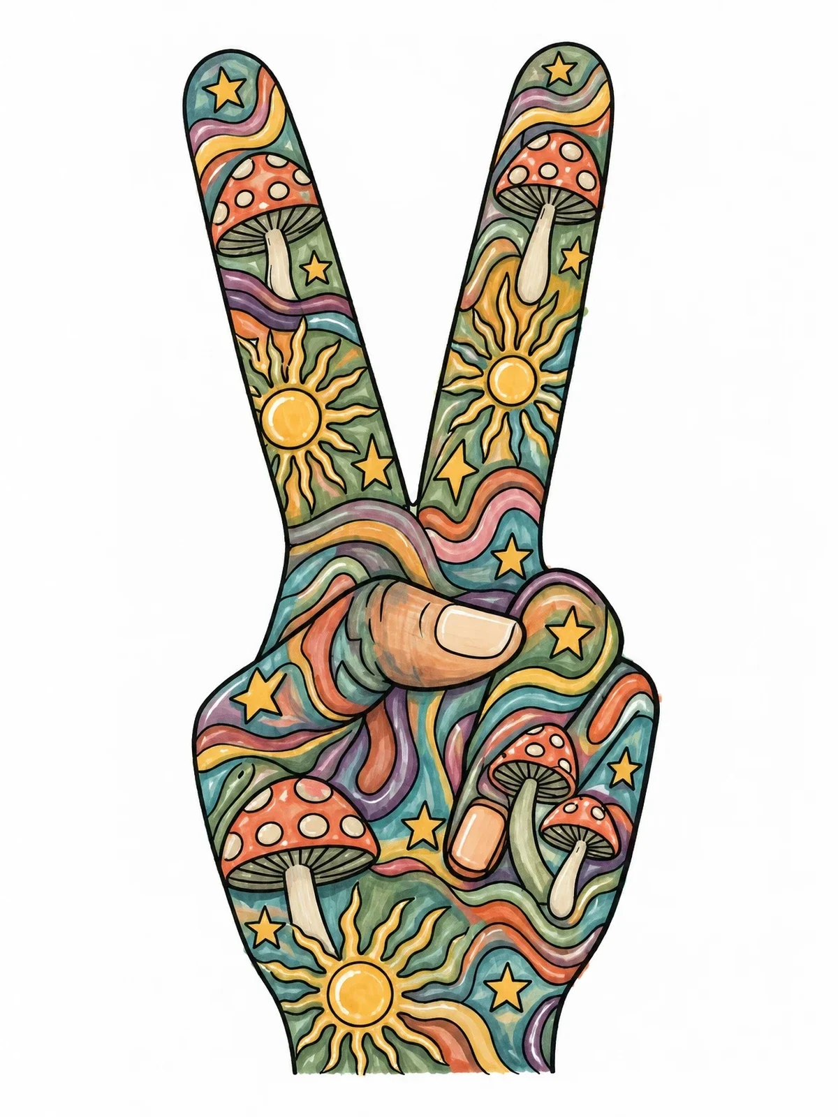 Colored example of the Groovy Peace Sign With Doodles coloring page