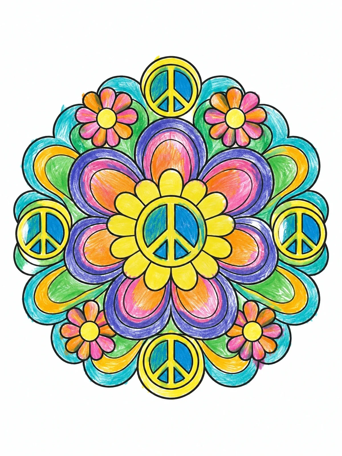 Colored example of the Groovy Peace Sign Flower Mandala coloring page