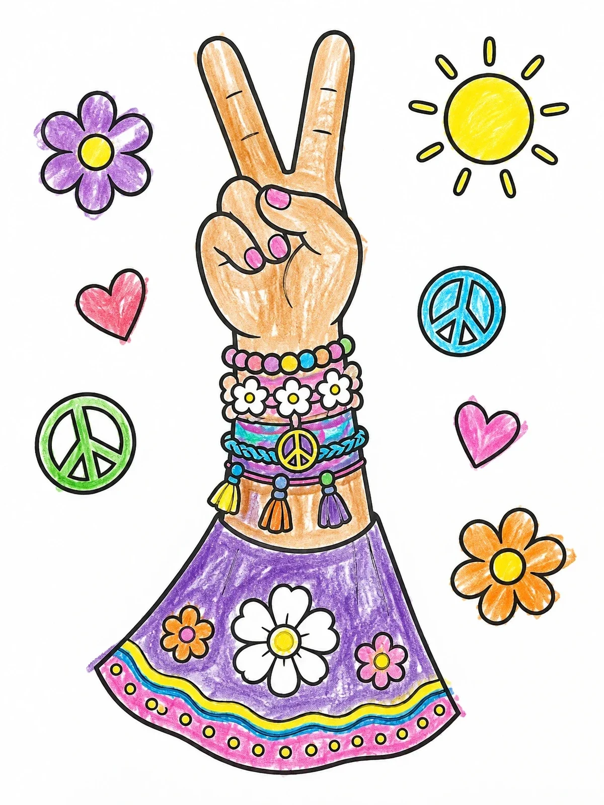 Colored example of the Groovy Peace Sign Hand And Bracelets coloring page