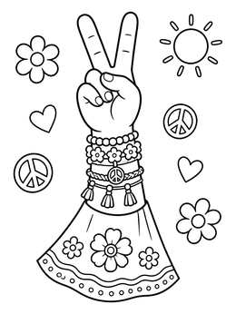 Free printable Groovy Peace Sign Hand And Bracelets coloring page