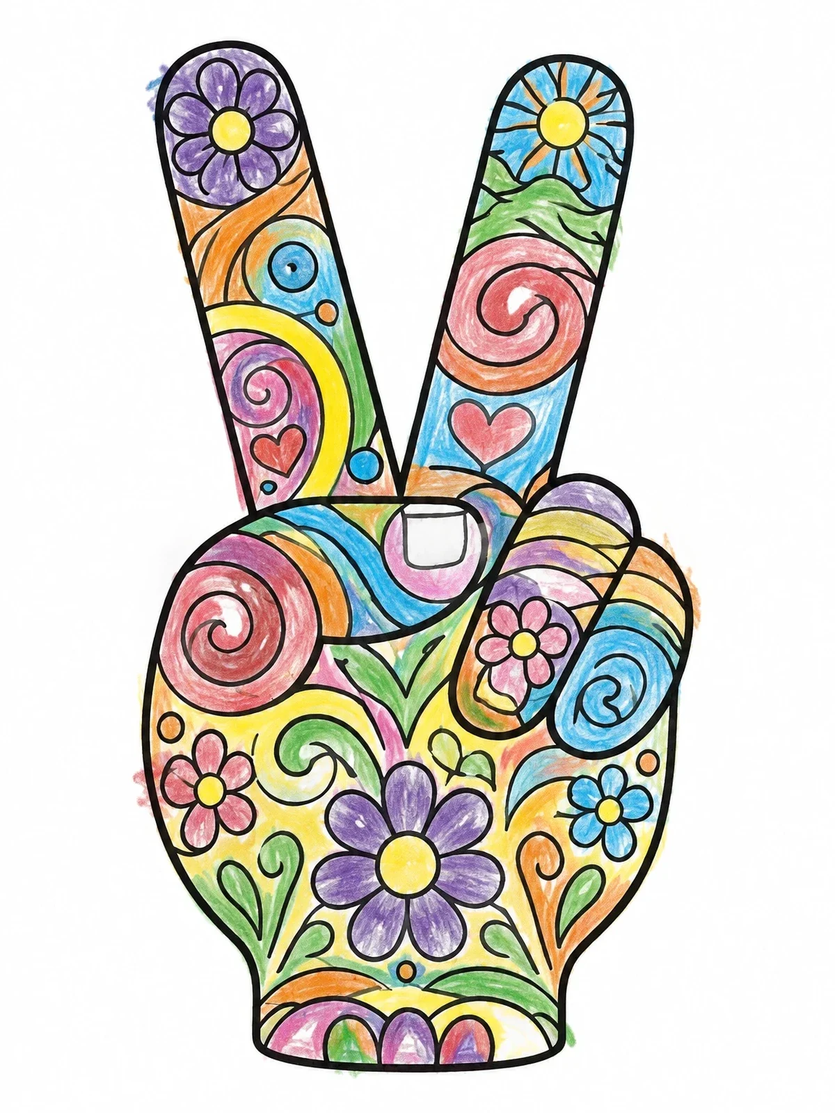 Colored example of the Patterned Peace Sign Hand Gesture coloring page