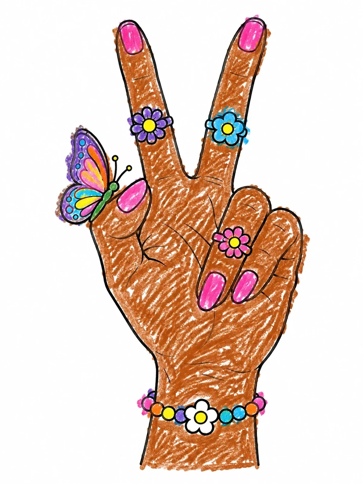 Colored example of the Peace Hand With Butterfly And Flowers coloring page