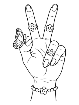 Free printable Peace Hand With Butterfly And Flowers coloring page