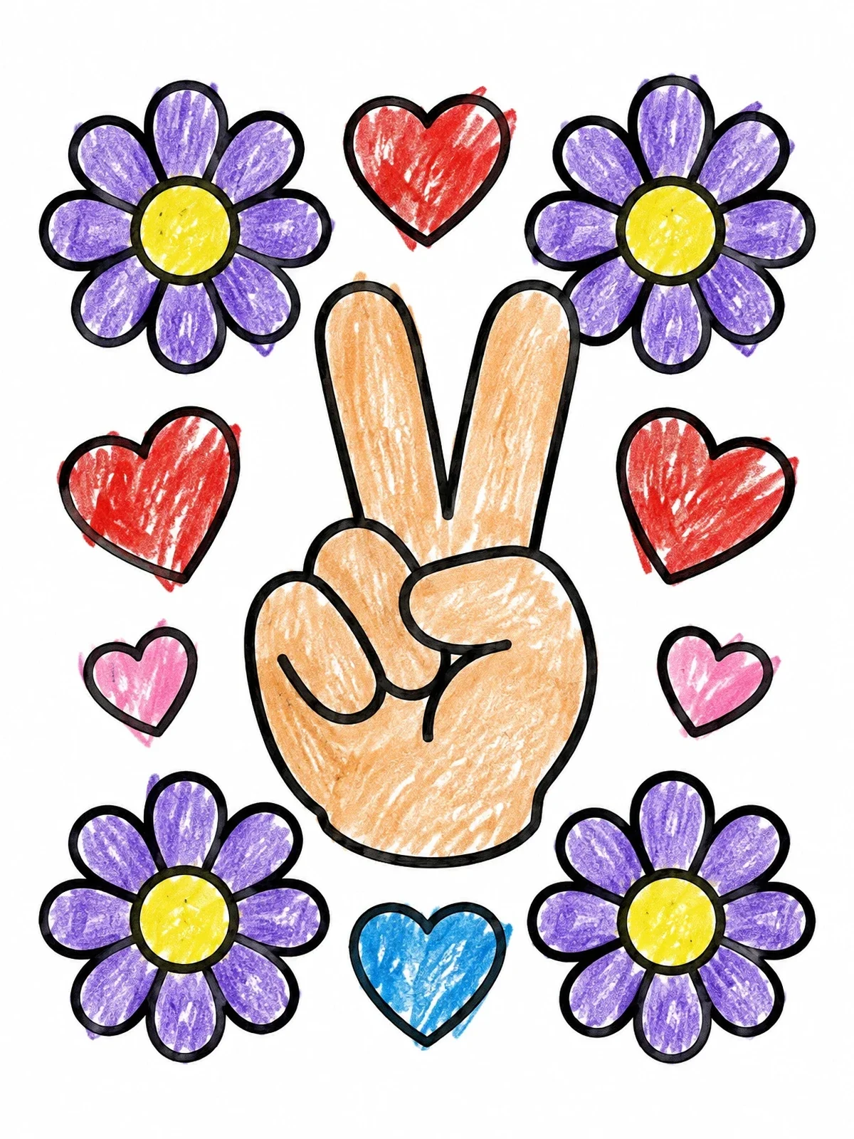 Colored example of the Peace Hand With Flowers And Hearts coloring page