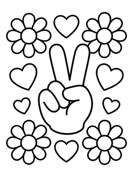 Free printable Peace Hand With Flowers And Hearts coloring page